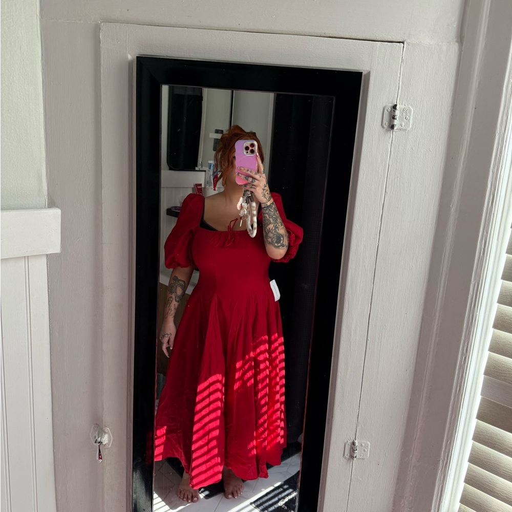 Selkie Elegant Red Puff Sleeve Dress